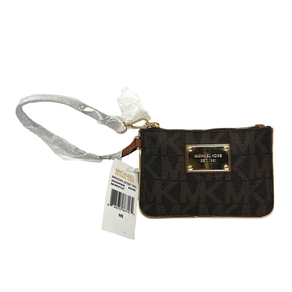 Michael Kors Jet Set Logo Wristlet Brown MK Monogram Wallet Clutch NWT
